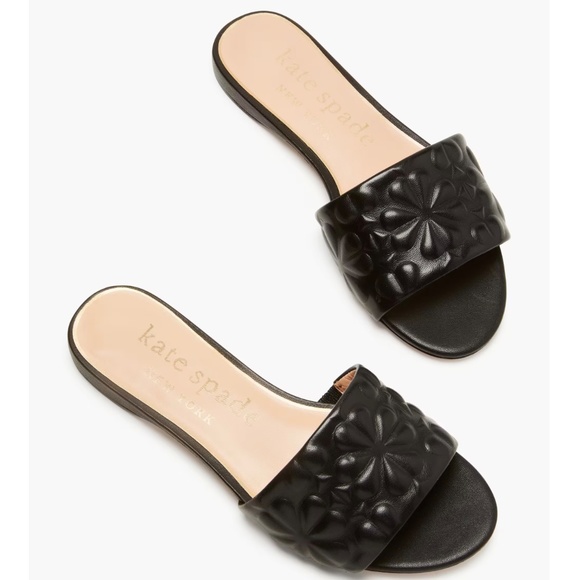 Kate Spade Emmie Floral Embossed Slide Sandals Black Leather Flat Mules 9.5 - Picture 3 of 13